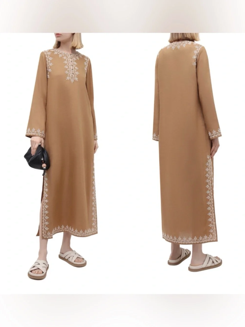Tory Burch Camel Linen Caftan Maxi Dress with White Embroidery XS